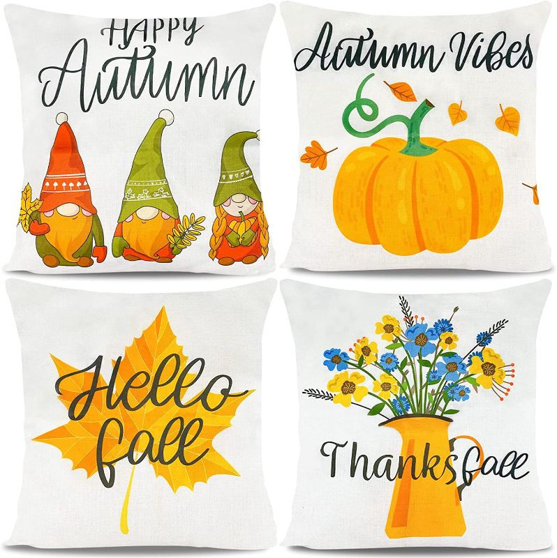 Photo 1 of 18x18 Inches Throw Pillow Covers for Fall Thanksgiving Decorations Set of 4 Autumn Farmhouse Pillowcase Gnomes Pumpkin Holiday Rustic Linen Pillow Covers for Sofa Couch
