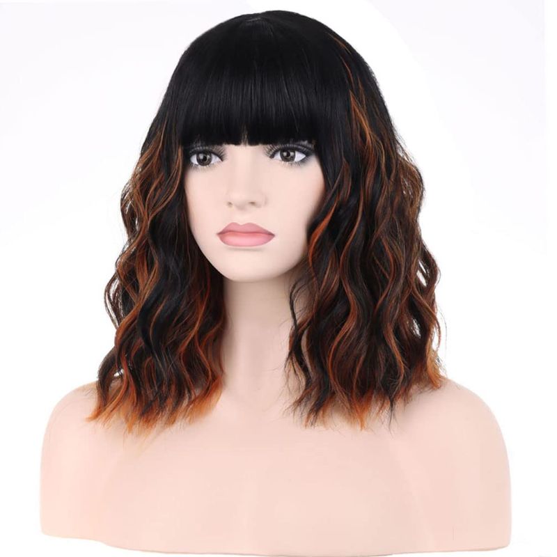 Photo 1 of BERON 14 Inches Black Mix Brown Highlights Wigs for Women Short Curly Wig with Bangs Black Brown Wigs Charming Wave Wigs for Women Wig Cap Include
