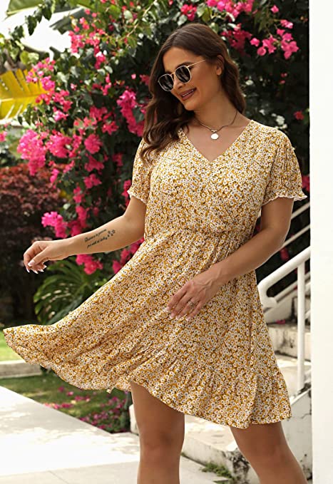 Photo 1 of Celkuser Womens Plus Size Short Sleeve V Neck Casual Printed Floral Swing Mini Dress with Pockets
SIZE PLUS 16