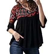 Photo 1 of Womens 3/4 Length Bell Sleeves Notched V Neck Blouse Summer Casual Boho Pleated Shirts Geometry Print A-Line Silky Tunic Tops LARGE
