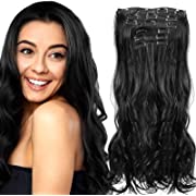 Photo 1 of 3 Pcs Black Hair Extensions Clip Extensions Long Soft Glam Waves Hairpieces Curly Clip 20 Inches Black Wavy Hair Extensions Synthetic Fiber Double Weft Hair for Women Full Head
