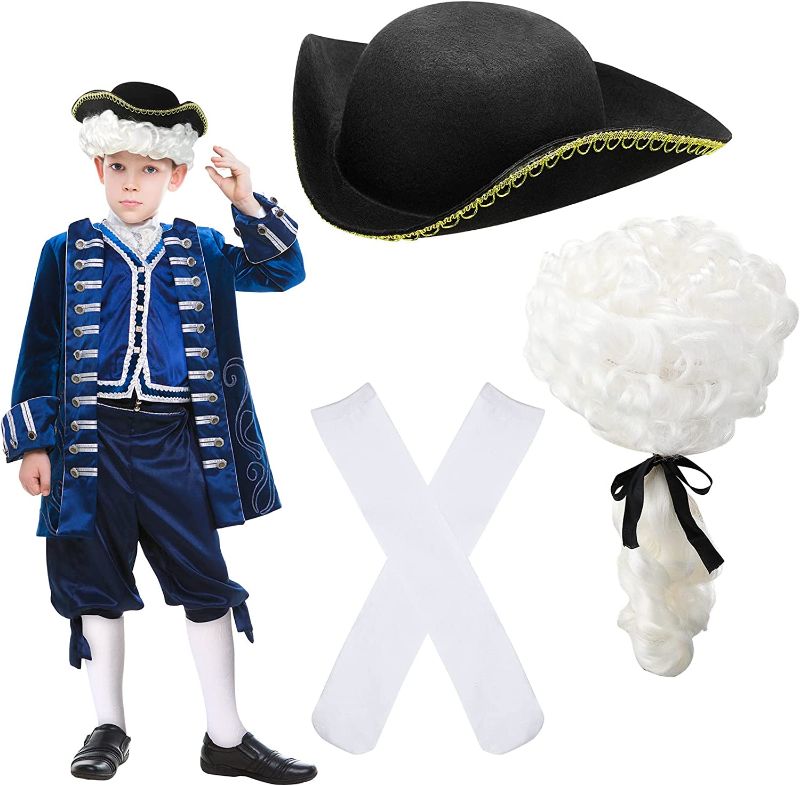 Photo 1 of George Washington Costume for Kids ONLY Includues George Washington White Wig, Colonial Style Tricorn Hat, Colonial White Socks ONLY - HAT DAMAGED -