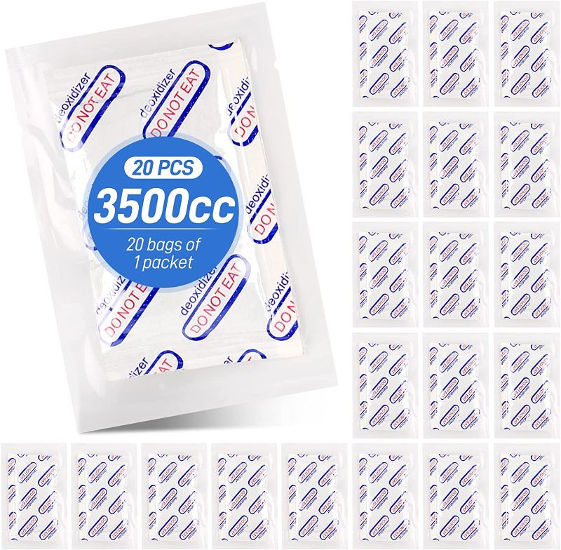 Photo 1 of 20 Packets 3500cc Individually Wrapped Oxygen Absorbers Large Food Grade O2 Absorbers for Long-term Food Storage for Jerky Spices, for Gallon Mylar Bags Glass Jars
