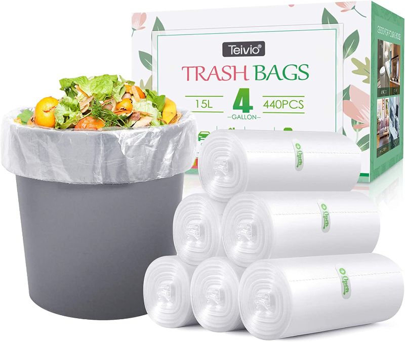 Photo 1 of 4 Gallon 440 Counts Strong Trash Bags Garbage Bags by Teivio, Bathroom Trash Can Bin Liners, Small Plastic Bags for home office kitchen (Clear)
