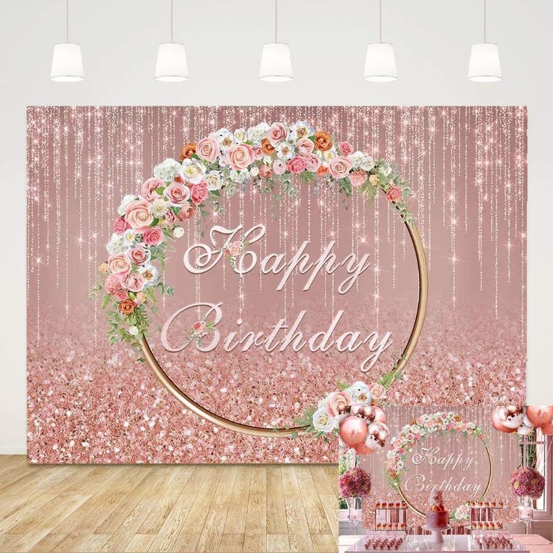 Photo 1 of Yongqian 5x3ft Rose Gold Glitter Happy Birthday Photo Background Pink Rose Flowes Wreath Girls Birthday Party Backdrops Baby Shower Cake Table Banner
