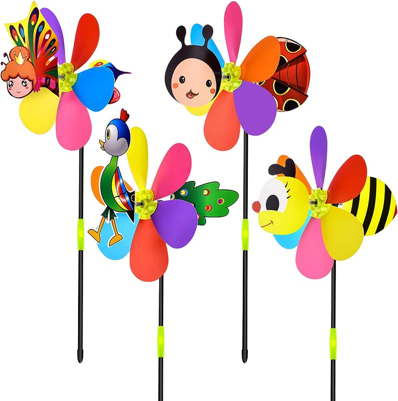 Photo 1 of 4 Pieces Garden Decor Pinwheels, Kids Rainbow 3D Animal Windmill, Whirligig Wind Spinners for Garden Yard Lawn Patio Party Decor
