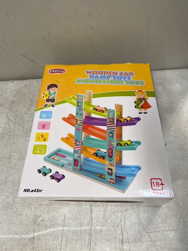 Photo 2 of Heirio Montessori Toys for Toddlers 1 2 3 Year Old Boys Girls, Wooden Car Ramp Toy Includes 6 Cars and Wood Parking Lot, Race Track Gift for Kids
