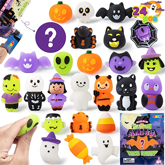 Photo 1 of JOYIN 24 PCS Blind Bag Halloween Mochi Squishy Toys Random Set Trick or Treat Gift Surprise Bag for Stress Relief, Halloween Mystery Toy for Kids Halloween Party Favors

