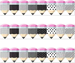 Photo 1 of Bold Bright Striped Spotted Pencils Border Trim - Bulletin Borders Stickers, 50 ft Back-to-School Decoration Borders for Black Board Trim, Teacher/Student Use for Classroom/School Decoration
