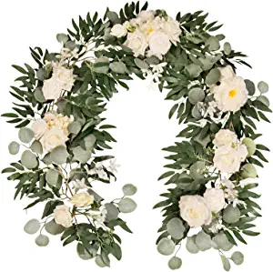 Photo 1 of Artificial Eucalyptus Rose Garland 6FT with Drapes, Handcrafted Garland Flowers for Wedding Arch, DIY Wedding Flowers for Party Bridal Shower Reception Table Decoration (Ivory White Table Flowers)
