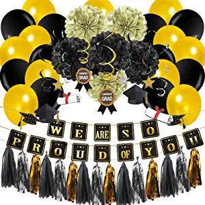 Photo 1 of Black and Gold Graduation Balloons Decor Graduation Decorations 2022 with Tissue Paper Pom Poms Sparkling Hanging Swirls Banner Graduation Party Supplies Class of 2022
