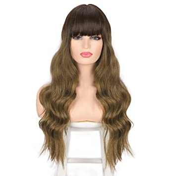 Photo 1 of AISI BEAUTY Ombre Brown Wigs for Women Synthetic Long Wavy Wig with Bangs for Daily Use 26 Inches
