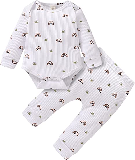 Photo 1 of  Baby Boy Girls Rainbow Outfits Letter Print Romper + Cloud Rainbow Pants + Hat 3Pcs Clothes Set
3-6M