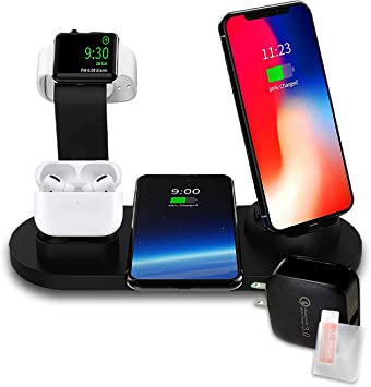 Photo 1 of Multi-Function MeeA 4 in 1 Wireless Charging Stand for Apple Watch and Airpods Pro, Fast Charging Dock Compatible iPhone 14/13/12/11/11 Pro Max/X/XS/XS Max, 10W Wireless Charging for Samsung, Black
