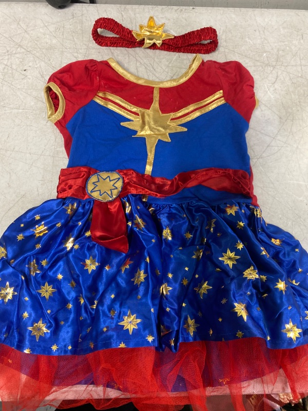 Photo 2 of Captain Marvel Girls Short Sleeve Costume Dress and Headband Superhero Cosplay Size - 2T * Dirty 