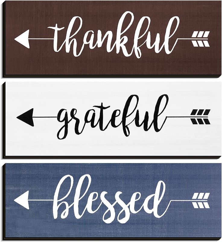 Photo 1 of 3 Pieces Thankful Grateful Blessed Wooden Signs Hanging Wall Signs Rustic Wall Art Decor Welcome Plaque Sign for Farmhouse Outdoor Decor (Brown, Beige, Blue)
