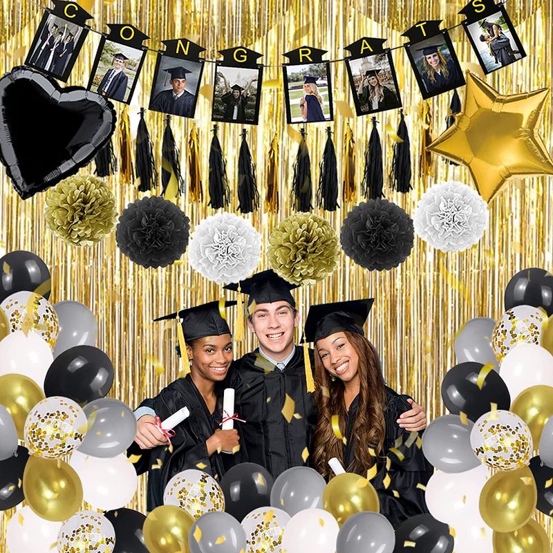 Photo 1 of 2022 Graduation Party Decorations Class, Decor Included Gold Curtains, Congrats Photo Frame Banner, Balloons, Tassel, Complete Party Set for Adults College High School Junior Senior Grade
