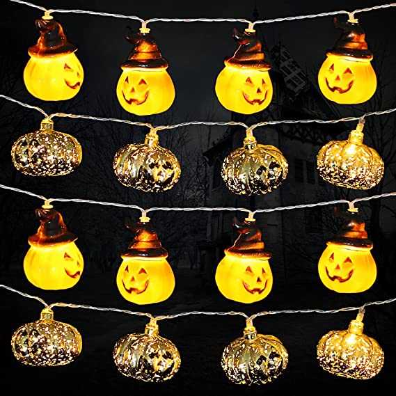 Photo 1 of 2 Pieces 10 Feet 20 Halloween String Lights Pumpkin Lights Halloween Witches Hat LED Pumpkin Golden Pumpkin String Lights for Halloween Party Decorations Outdoor Indoor, Battery Operated