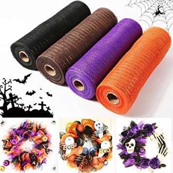 Photo 1 of 4 Rolls Halloween Mesh Ribbon for Wreaths 10 inch x 30 feet Each Roll, Halloween Poly Mesh Halloween Deco Mesh Ribbon Halloween Decoration DIY Crafts Making Supplies
