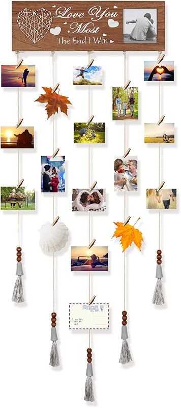 Photo 1 of WPKLTMZ Wooden Picture Frames Hanging Photo Display Wall Hanging Photo Holder with 20 Wood Clips Multi Pictures Organizer for Bedroom Decor
