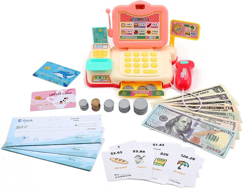 Photo 1 of 216 Pcs Play Money for Kids with Cash Register, Plastic Fake Coins, Fake Play Checkbooks, Credit and Debit Cards, Play Flash Cards  -- FACTORY SEALED --
