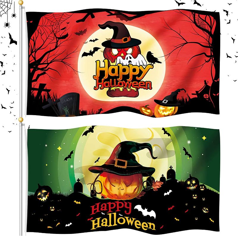 Photo 1 of 2 Pcs Halloween Flag 3x5 Ft Outdoor Halloween Decorations Flag 3x5 Halloween Party Supplies Large Holiday Flag for Indoor Outdoor Decor
