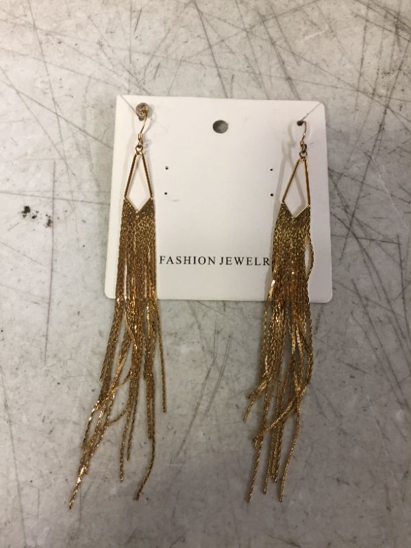 Photo 2 of 18K Gold Long Chain Tassel Earrings Simple Hook Jewelry for Women Fashion Sleek Chain Dangle Drop Earrings for Party Linear Fringe Earring