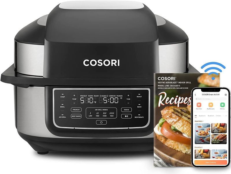 Photo 1 of COSORI Indoor Grill Electric Smokeless Grill Indoor & Smart XL Air Fryer Combo, 8 Cooking Functions, 6QT, 100 Recipes,Dishwasher Safe, Compatible with Alexa & Google Assistant, Black
