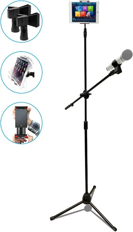 Photo 1 of RHM Microphone Stand with Tablet Holder, Lightweight Adjustable Collapsible Tripod Boom Mic Stand with 2 Clips,Extendable Telescopic Boom Arm for Karaoke,Speech,Studio,Party,Wedding
