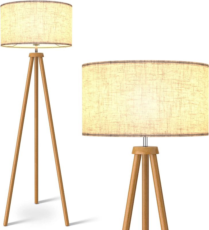 Photo 1 of LEPOWER Wood Tripod Floor Lamp, Mid Century Standing Lamp for Living Room, Flaxen Lamp Shade, Modern Design Standing Lamp with E26 Lamp Base, Tall Floor Lamp for Bedroom, Study Room and Office