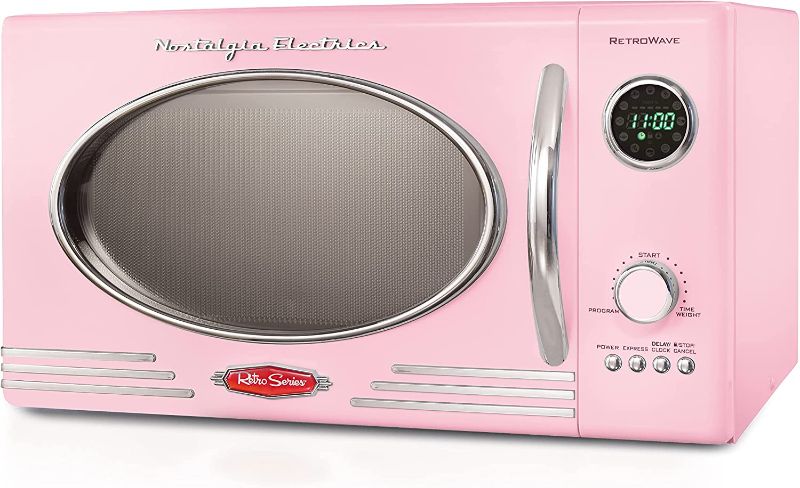 Photo 1 of Nostalgia Retro Countertop Microwave Oven, 0.9 Cu. Ft. 800-Watts with LED Digital Display, Child Lock, Easy Clean Interior, Cu.Ft, Pink
