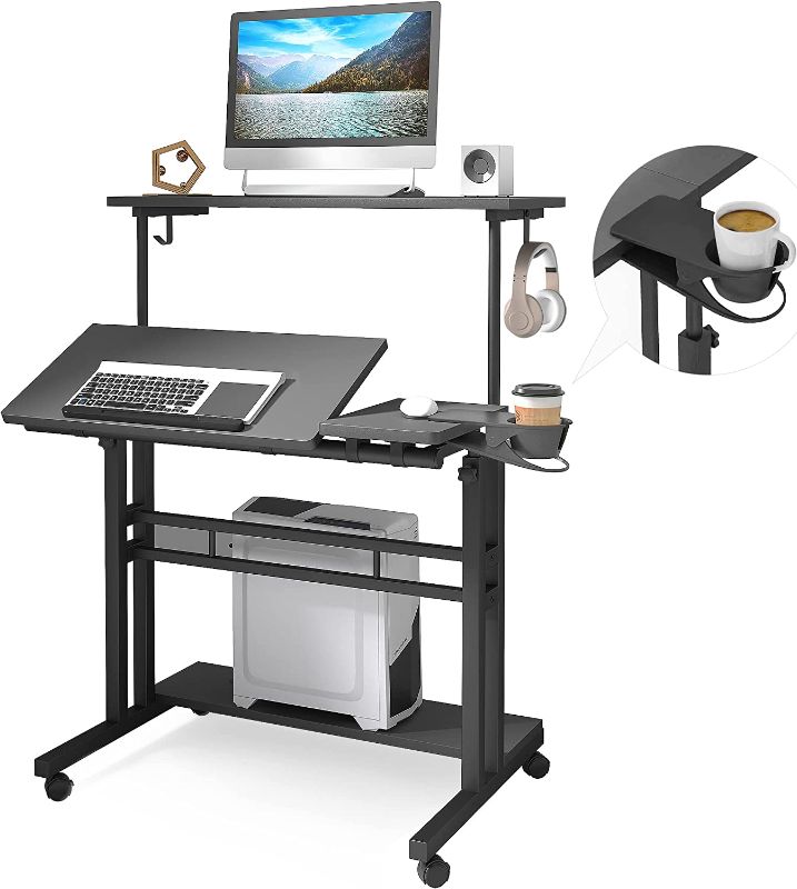 Photo 1 of Panta Height Adjustable Rolling Laptop Stand, Overbed Table with 2 Tilting Desktops, Mobile Laptop Table for Couch with Cup Holder, Mobile Computer Workstation for Office, Hospital & Home
