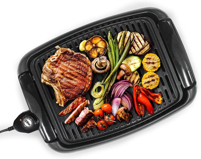 Photo 1 of Elite Gourmet EGL-3450 Smokeless Electric Tabletop Grill Nonstick, 5-Serving, Dishwasher Safe Removable Grilling Plate, Grill Indoor, , Adjustable Temperature, 13", Black
