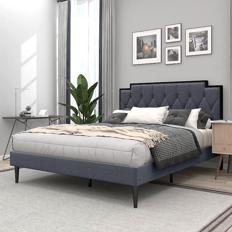 Photo 1 of AGARTT Upholstered Platform Queen Size Bed Frame with Headboard Premium Stable Steel Slat Support No Box Spring Required Graphite
