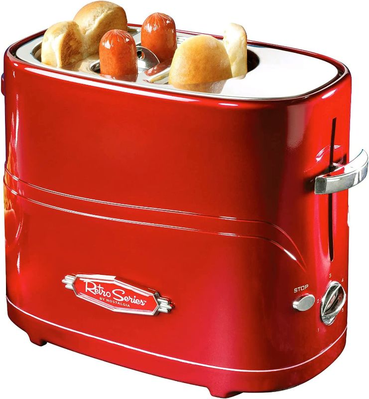 Photo 1 of Nostalgia 2 Slot Hot Dog and Bun Toaster with Mini Tongs, Retro Hot Dog Toaster, Hot Dog Cooker that Works with Chicken, Turkey, Veggie Links, Sausages and Brats, Retro Red
