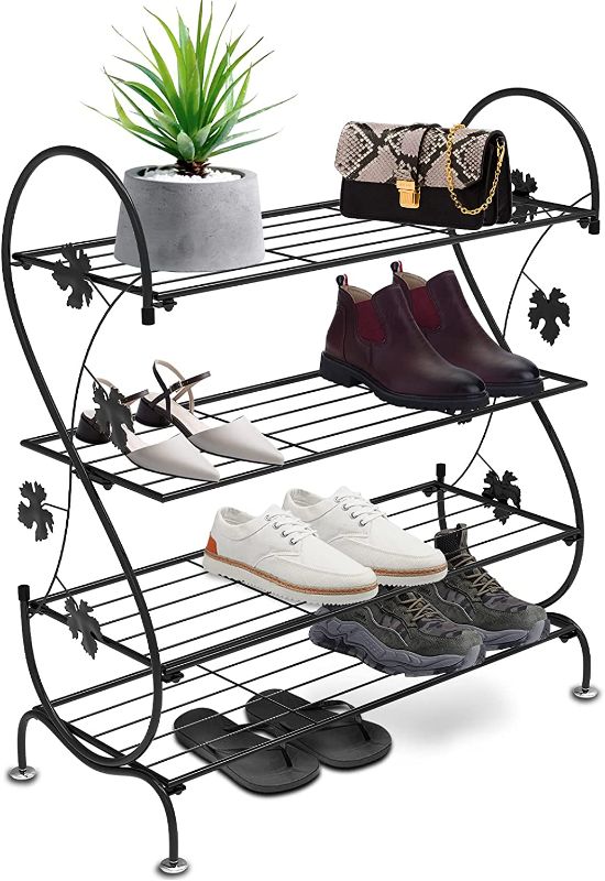 Photo 1 of CLSYO Shoe Rack Stand, Metal Shoe Organizer Storage for Outdoor and Entryway, Hold 12-15 Pairs of Shoes, Weatherproof Industrial Rustic Black Shoe Tower
