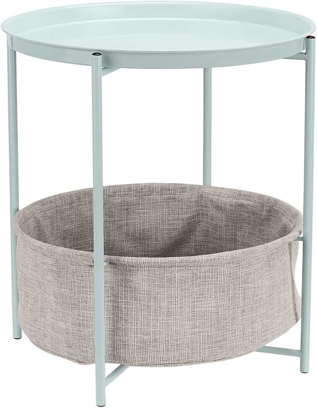 Photo 1 of Amazon Basics Round Storage End Table, Side Table with Cloth Basket - Mint Green/Heather Gray, 19 x 18 x 18 Inches
