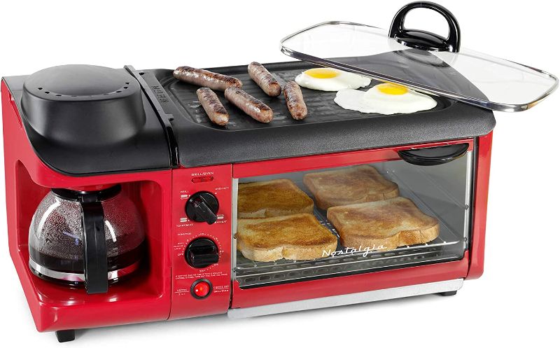 Photo 1 of Nostalgia Retro 3-in-1 Family Size Electric Breakfast Station, Non Stick Die Cast Grill/Griddle, 4 Slice Toaster Oven, Coffee Maker, Red
