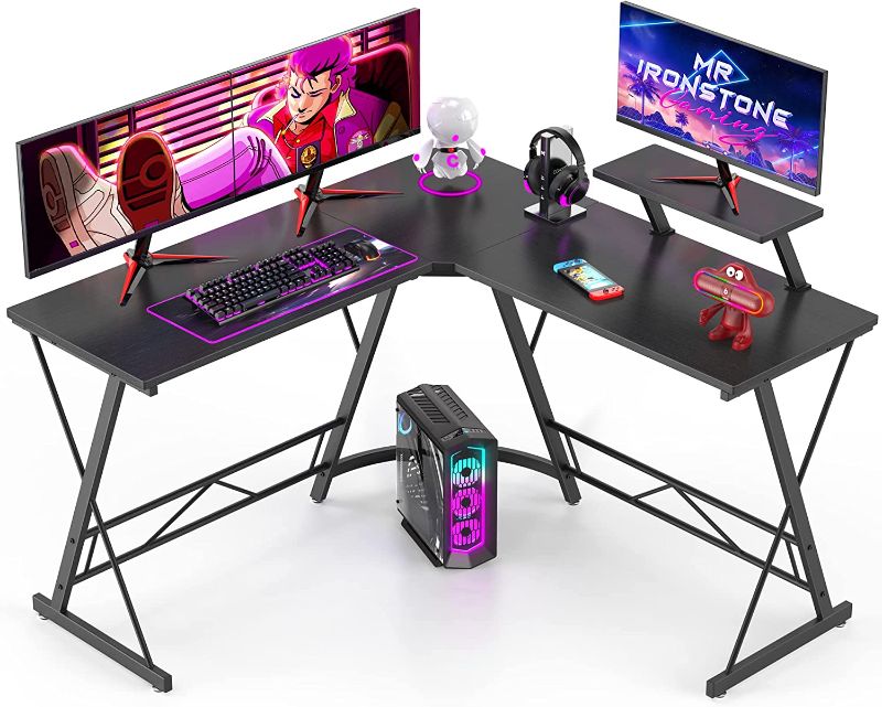 Photo 1 of Mr IRONSTONE L Shaped Desk, Computer Gaming Desk, Home Corner Desk, Office Writing Workstation with Large Monitor Stand, Space-Saving, Easy to Assemble, Black
