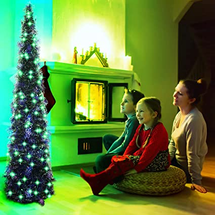Photo 3 of 5ft Pop Up Black Halloween Christmas Tree with 50 LED Green Lights,Spider Sequins Artificial Tinsel Collapsible Pencil Trees for Decorations Indoor Holiday Party,WOKEISE factory  sealed 