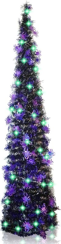 Photo 2 of 5ft Pop Up Black Halloween Christmas Tree with 50 LED Green Lights,Spider Sequins Artificial Tinsel Collapsible Pencil Trees for Decorations Indoor Holiday Party,WOKEISE factory  sealed 