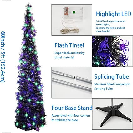 Photo 1 of 5ft Pop Up Black Halloween Christmas Tree with 50 LED Green Lights,Spider Sequins Artificial Tinsel Collapsible Pencil Trees for Decorations Indoor Holiday Party,WOKEISE factory  sealed 