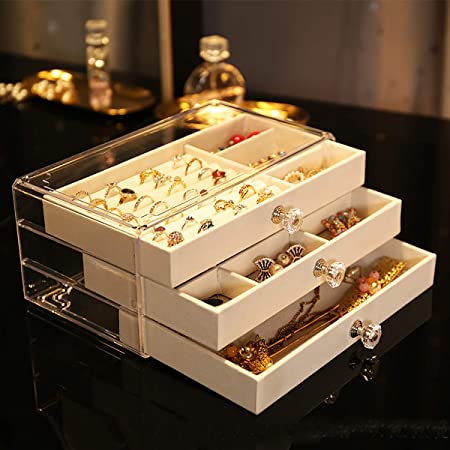 Photo 2 of Acrylic Jewelry Box with 3 Drawers,Velvet Jewellery Organizer for Earring Bangle Bracelet Necklace and Rings,Clear Jewelry Storage case (Beige) factory sealed 