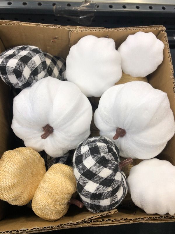 Photo 2 of 16 Pcs Artificial Pumpkins Assorted Fall Pumpkins White Pumpkins Burlap Pumpkins Rustic Pumpkins for Fall Harvest Thanksgiving Halloween Fireplace Decorations