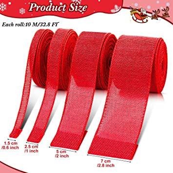 Photo 2 of 4 Rolls Burlap Fabric Wired Ribbons Natural Burlap Ribbon Rolls Cross Royal Burlap Wired Edge Ribbons for Christmas Tree Bow Wreath Decorations (Red Style)