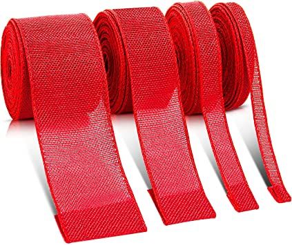 Photo 1 of 4 Rolls Burlap Fabric Wired Ribbons Natural Burlap Ribbon Rolls Cross Royal Burlap Wired Edge Ribbons for Christmas Tree Bow Wreath Decorations (Red Style)