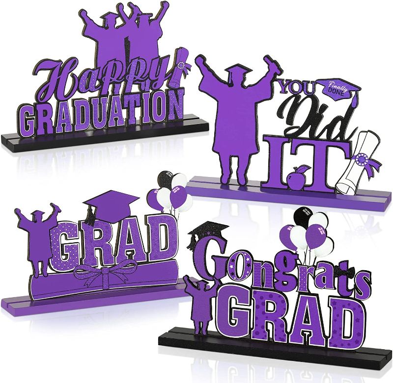 Photo 1 of 4 Pcs 2022 Graduation Party Decorations Wooden Class of 2022 Graduation Table Centerpieces Congratulate Graduation Table Topper for School Home Grad Ornaments Decoration Party Supplies (Purple)
