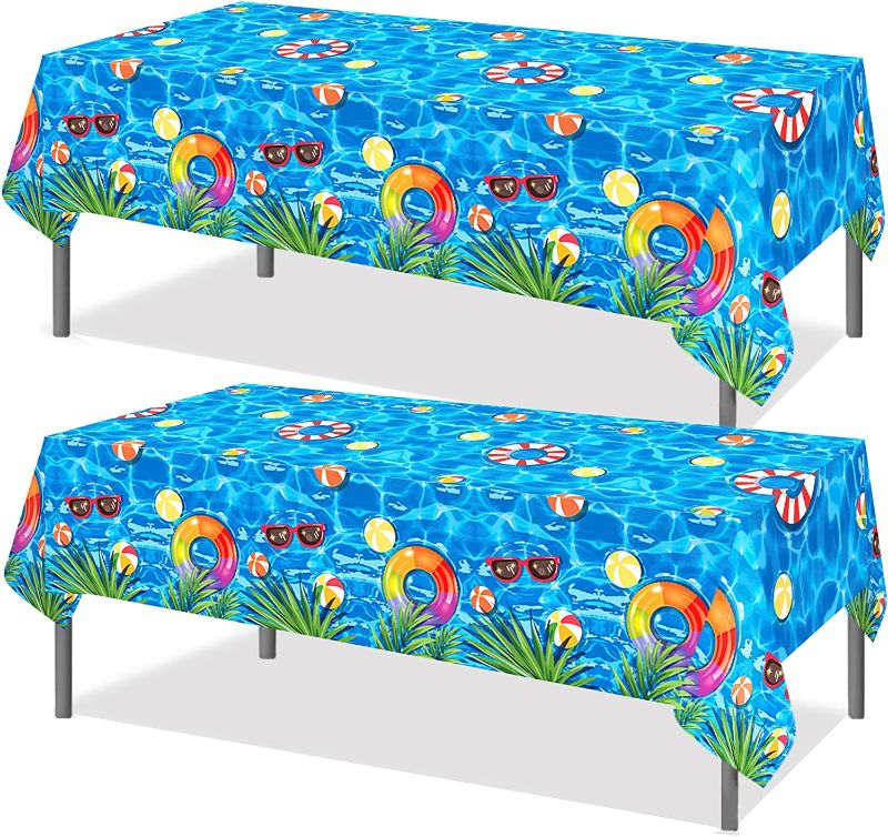 Photo 1 of 2Pcs Pool Party Decorations Table Covers - Summer Hawaiian Swimming Baby Shower Birthday Pool Party Decor Supplies Favors Plastic Table Runner Tablecloth(86.6''x52'')
