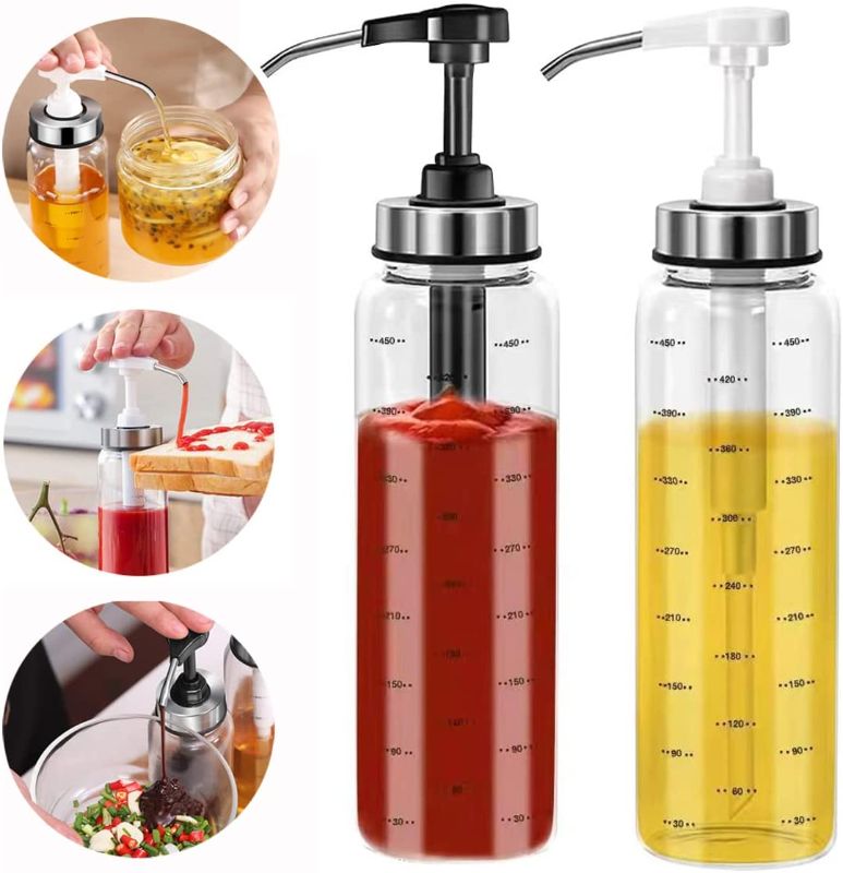 Photo 1 of (2 Pack) Condiment Squeeze Bottles , No Drip Glass Bottles,17 Ounce Big Olive Oil Dispenser Bottle Set, Ketchup Salad Dressing Honey Oil Presser,Sticky Sauce Squeeze Bottle for Kitchen and BBQ

