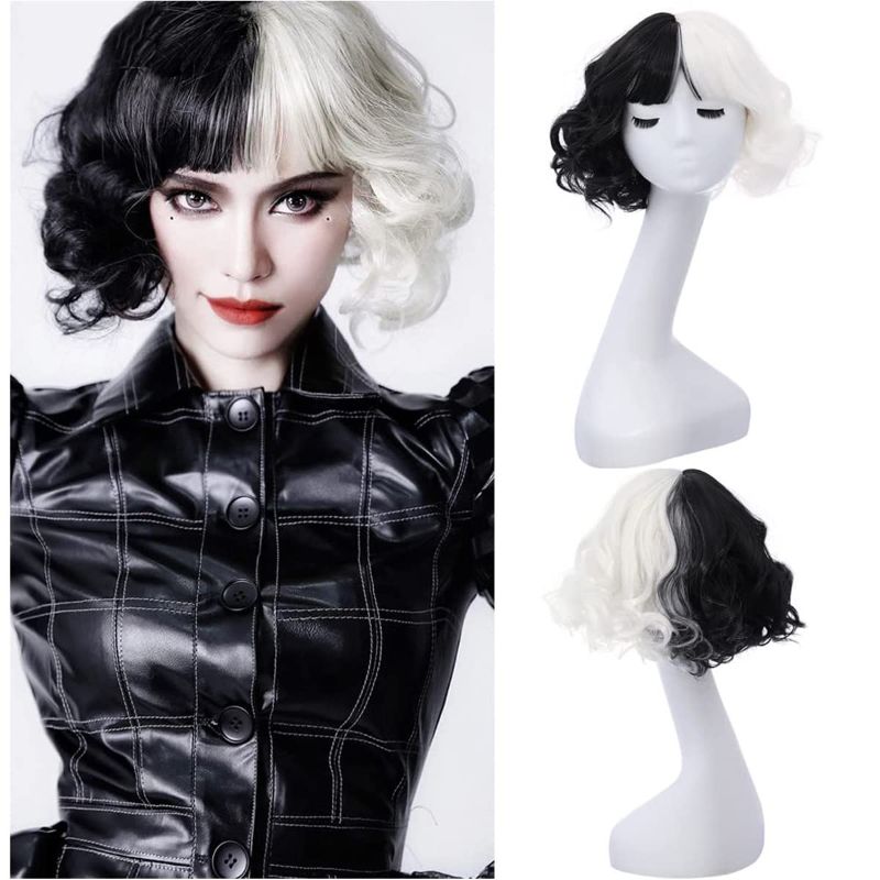 Photo 1 of 
MAGQOO Half Black White Wig with Bangs Women Girls Short Curly Wavy Wig Black and White Hair Wigs Halloween Cosplay Costume Party Wig
